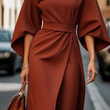 Cassandra | Women's Belted Midi Dress - Rust Brown