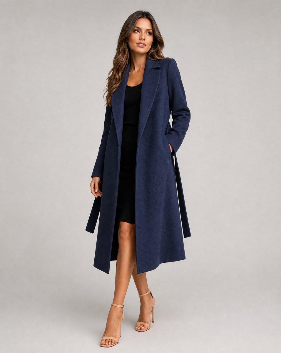 Yvette | Women's Belted Wool Blend Longline Trench Coat - Navy