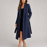 Yvette | Women's Belted Wool Blend Longline Trench Coat - Navy