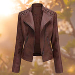 Regina | Women's Faux Leather Biker Jacket - Dark Brown