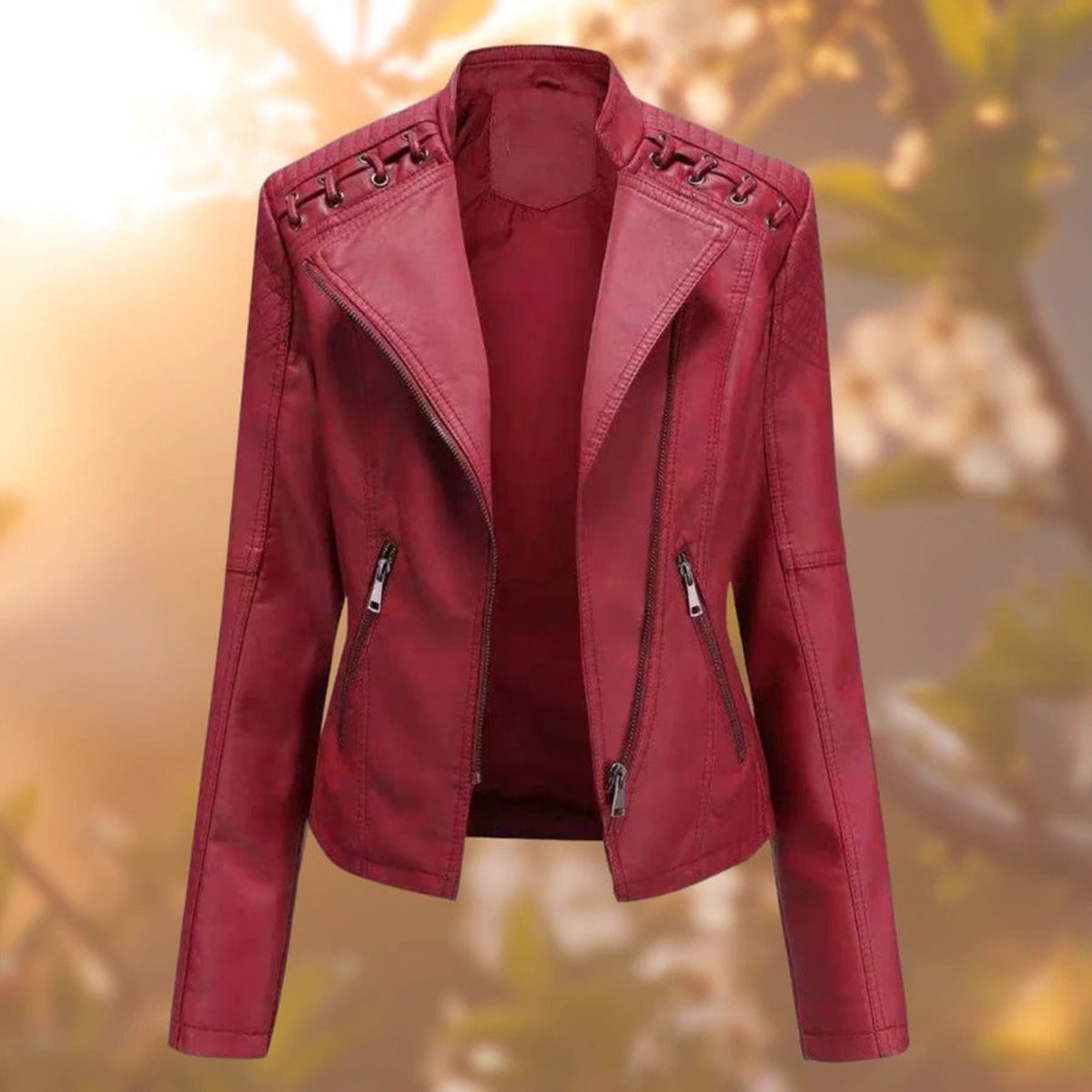 Regina | Women's Faux Leather Biker Jacket - Dark Red