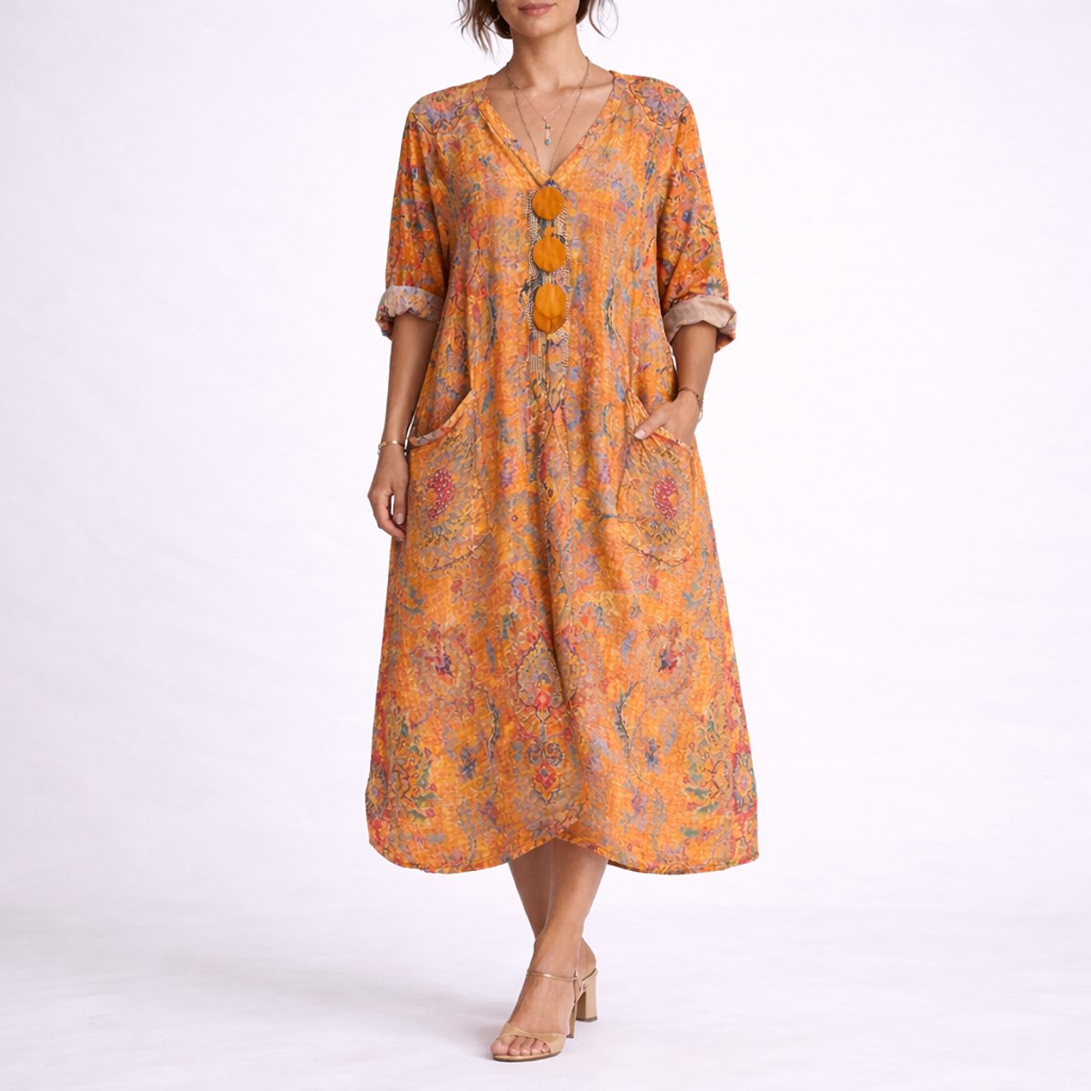 Cordelia | Women's V Neck Maxi Wedding Guest Dress - Orange