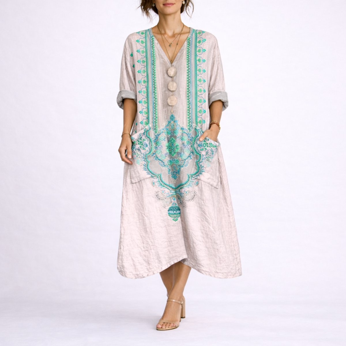 Cordelia | Women's V Neck Maxi Wedding Guest Dress - Pink & Green