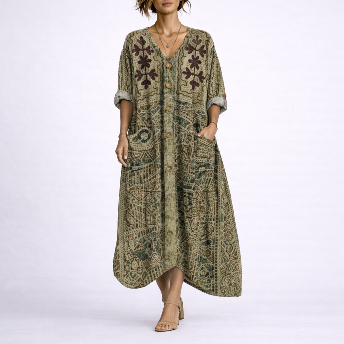 Cordelia | Women's V Neck Maxi Wedding Guest Dress - Green