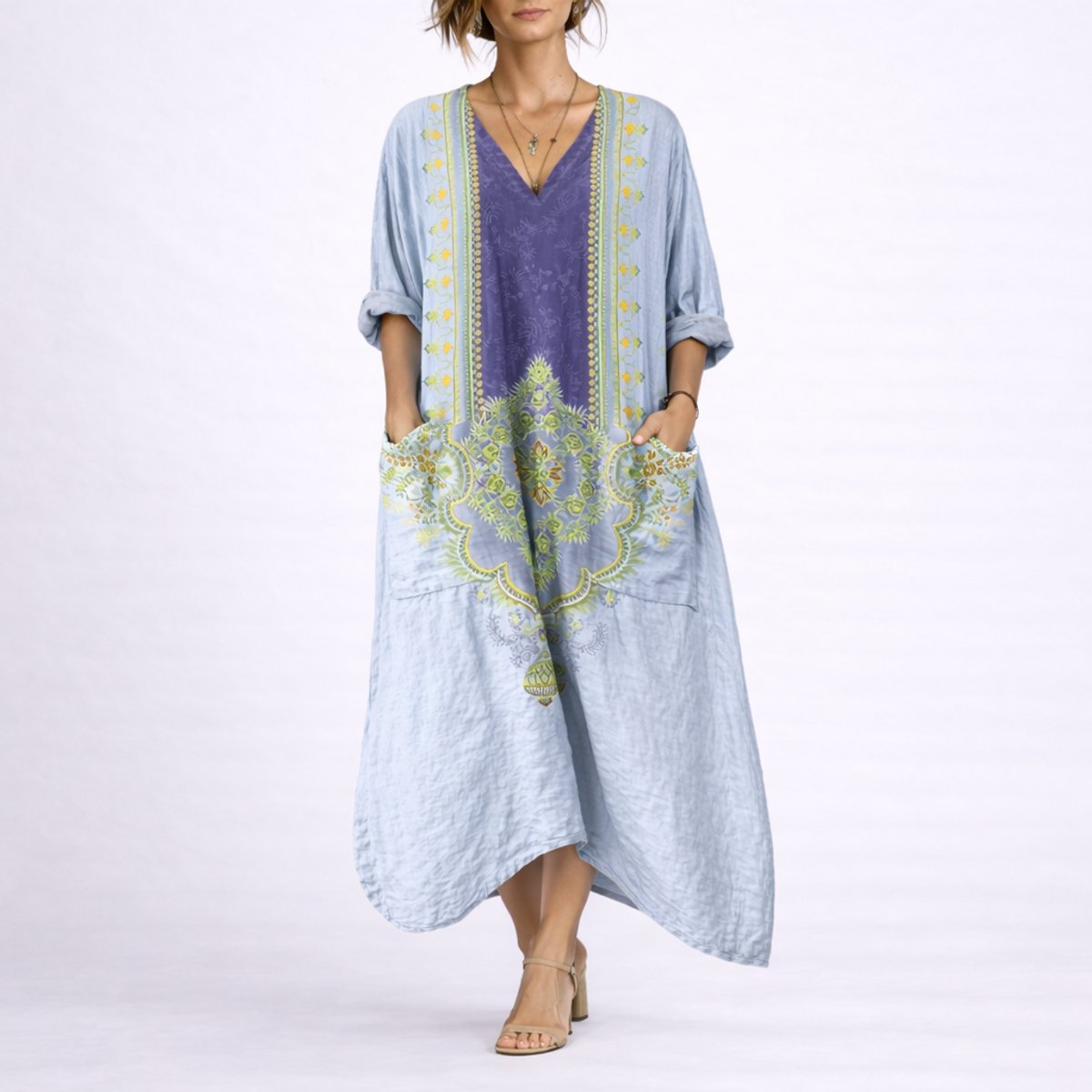 Cordelia | Women's V Neck Maxi Wedding Guest Dress - Blue & Purple