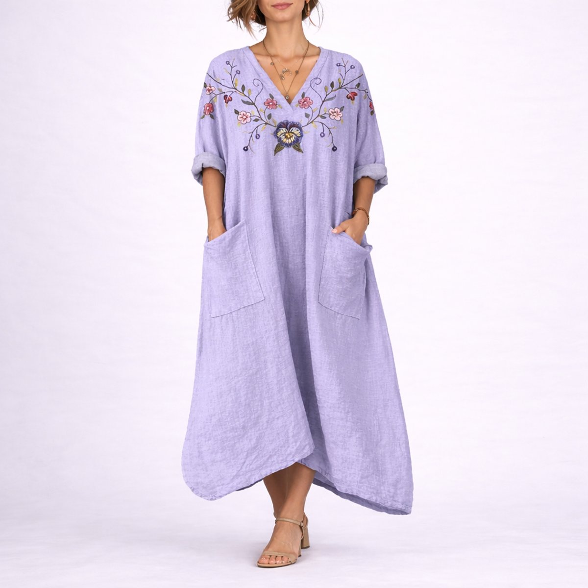 Cordelia | Women's V Neck Maxi Wedding Guest Dress - Purple