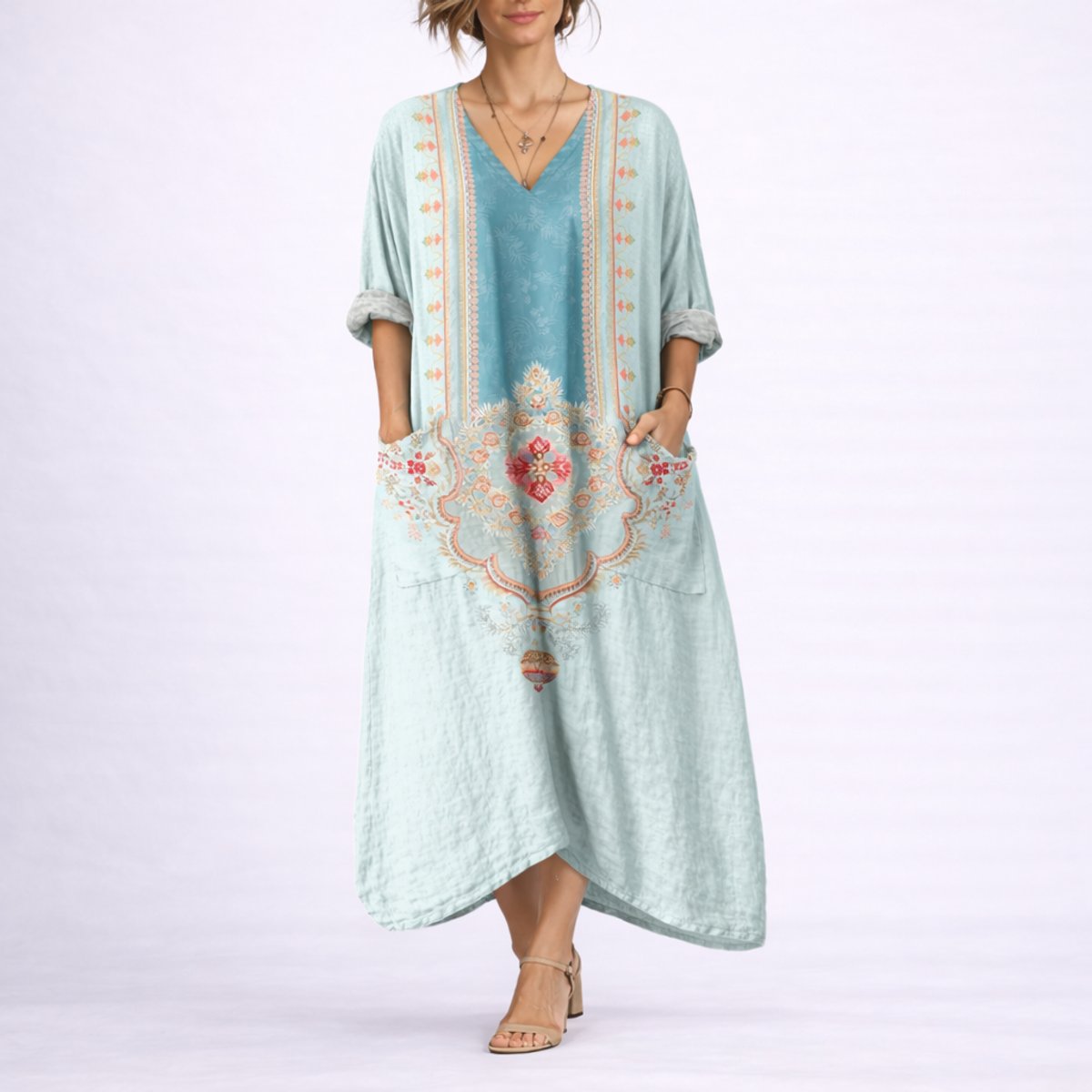 Cordelia | Women's V Neck Maxi Wedding Guest Dress - Green & Blue