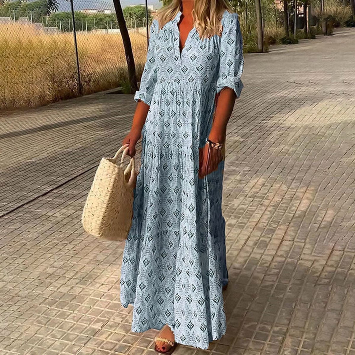 Katherine | Women's Long Sleeve Floral V Neck Cocktail Dress - Blue