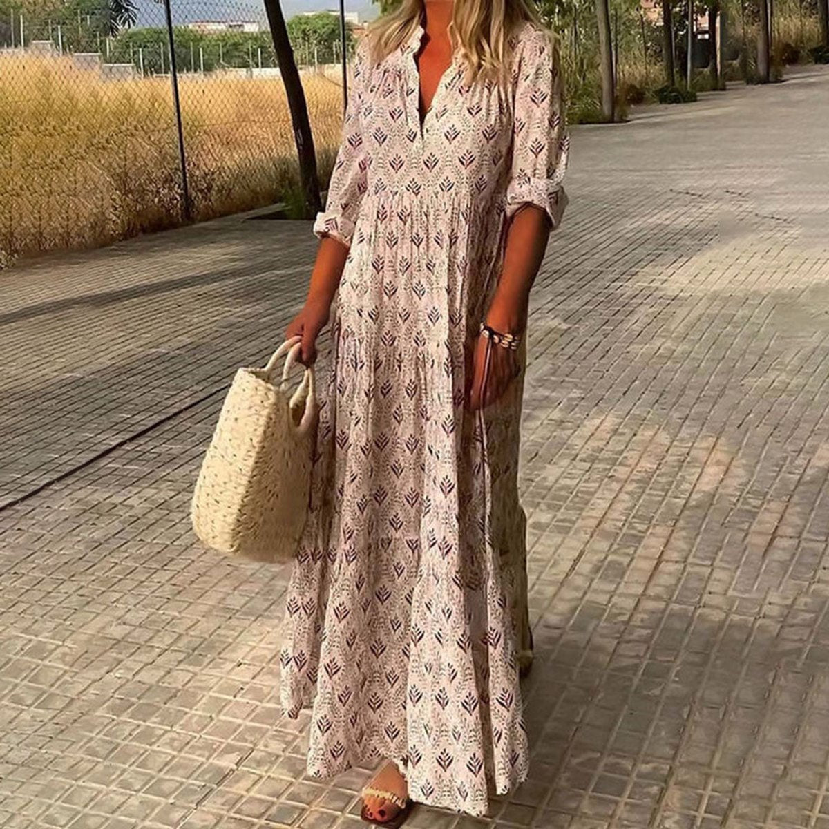 Katherine | Women's Long Sleeve Floral V Neck Cocktail Dress - Pink