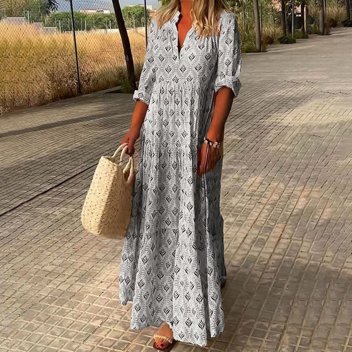Katherine | Women's Long Sleeve Floral V Neck Cocktail Dress - Grey