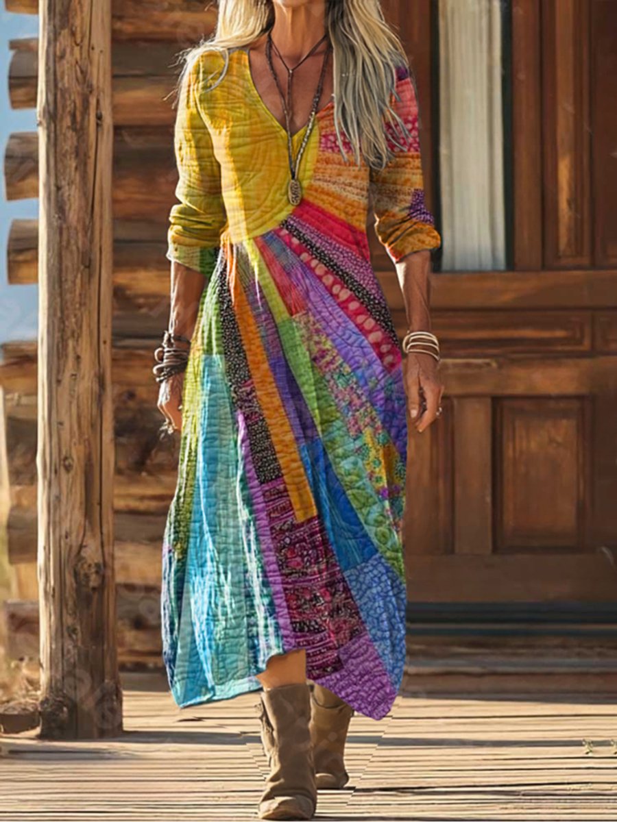 Antonia | Women's Long Sleeve V Neck Boho Midi Dress - Default