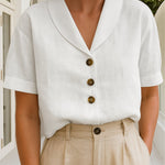 Aurelia | Women's Oversized Button Front V Neck Blouse - White