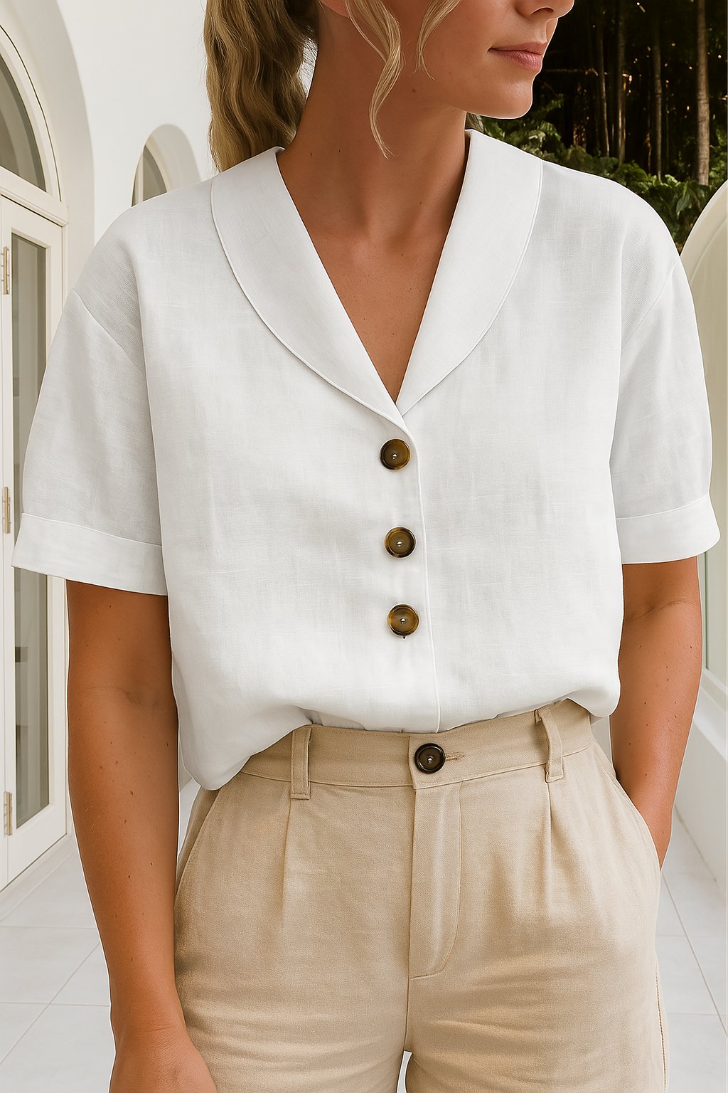 Aurelia | Women's Oversized Button Front V Neck Blouse - White