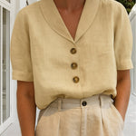 Aurelia | Women's Oversized Button Front V Neck Blouse - Beige