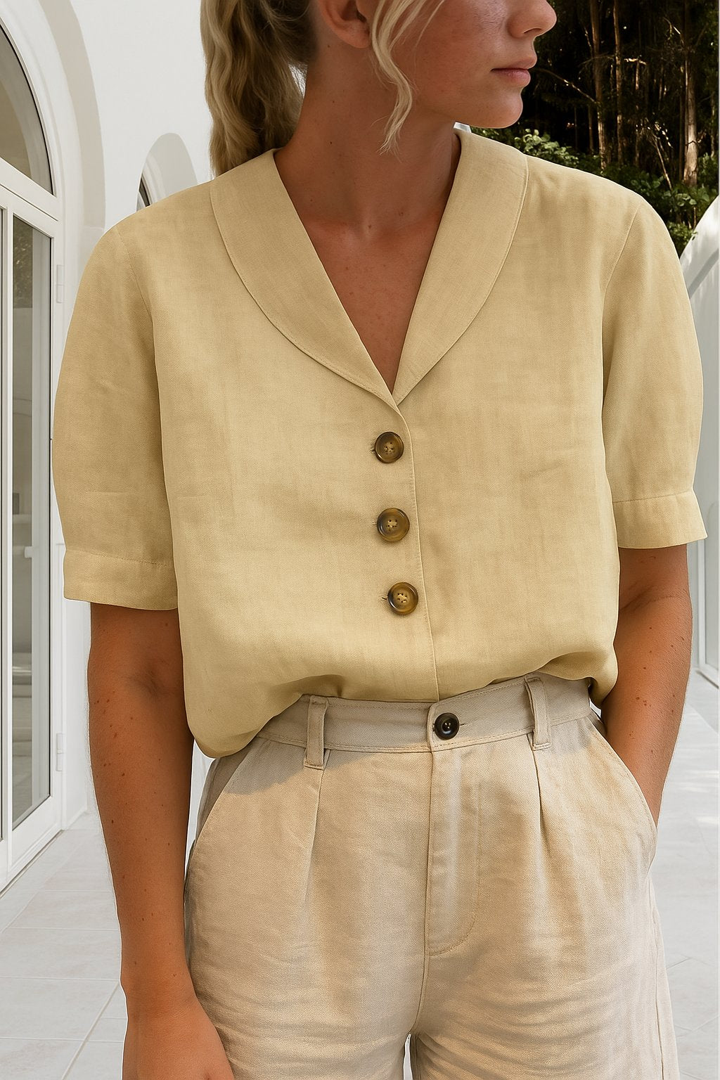 Aurelia | Women's Oversized Button Front V Neck Blouse - Beige