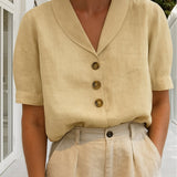 Aurelia | Women's Oversized Button Front V Neck Blouse - Beige