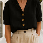Aurelia | Women's Oversized Button Front V Neck Blouse - Black