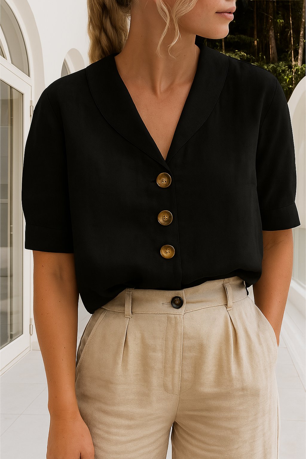 Aurelia | Women's Oversized Button Front V Neck Blouse - Black