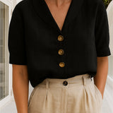 Aurelia | Women's Oversized Button Front V Neck Blouse - Black