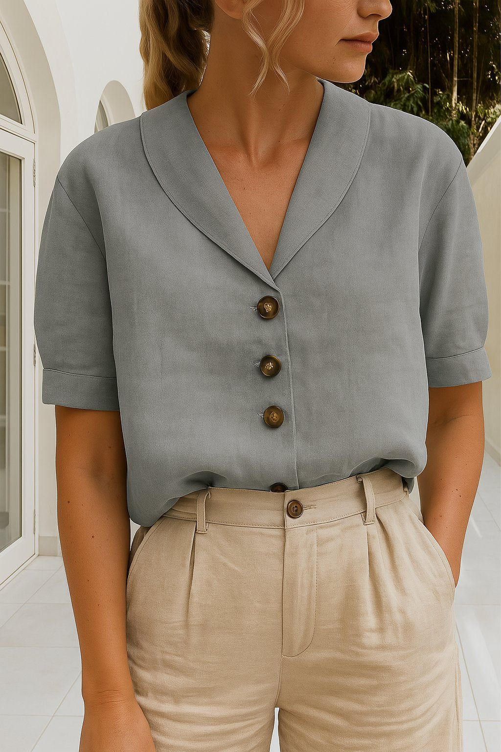 Aurelia | Women's Oversized Button Front V Neck Blouse