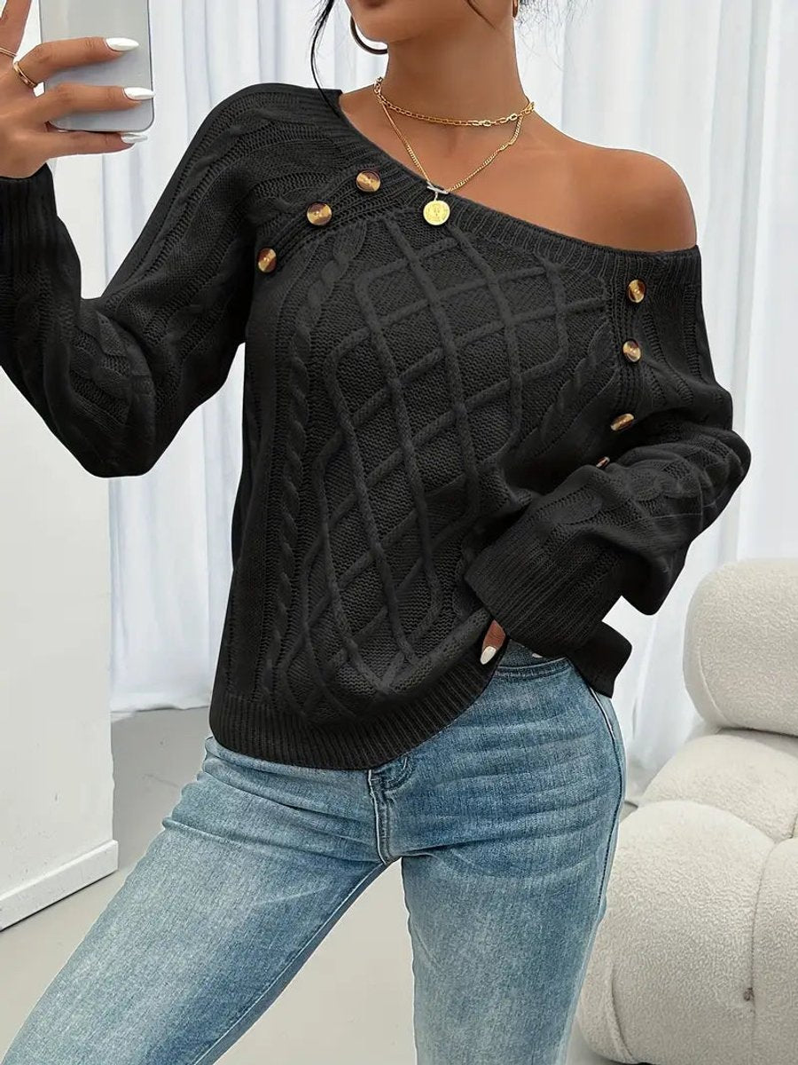 Cheryl | Women's Cable Knit Round Neck Jumper - Black