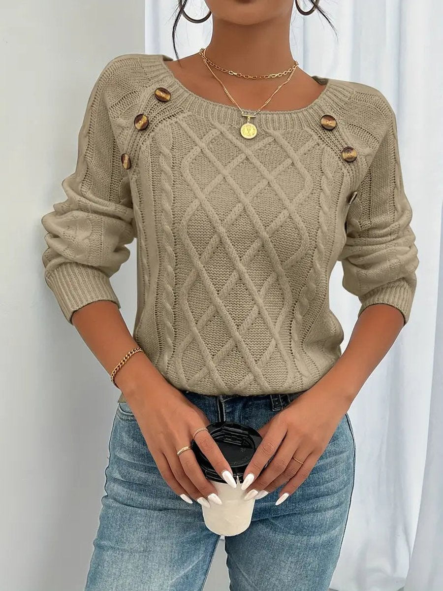 Cheryl | Women's Cable Knit Round Neck Jumper - Khaki