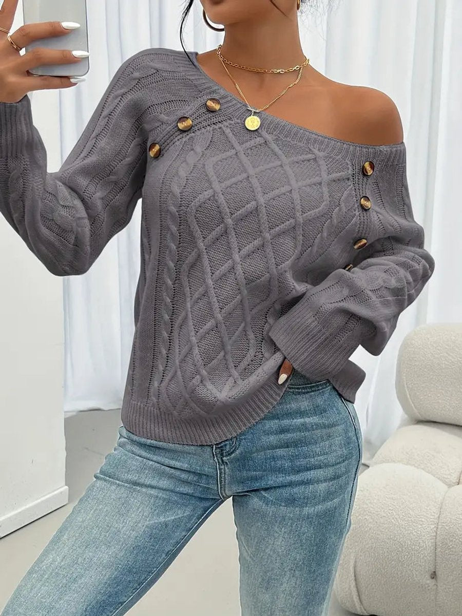 Cheryl | Women's Cable Knit Round Neck Jumper - Dark Grey