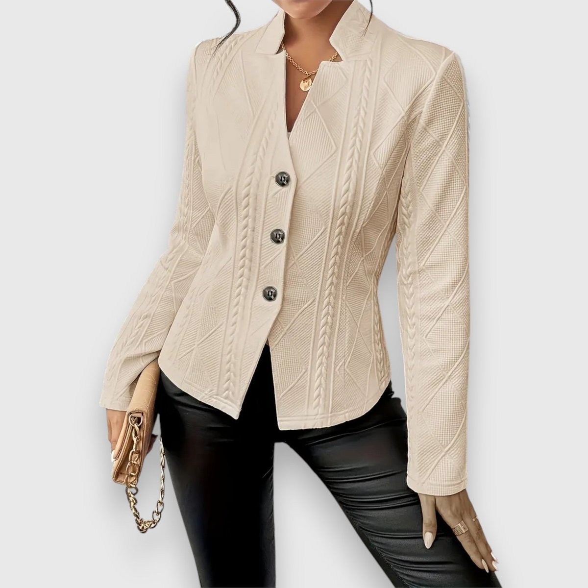 Andrea | Women's Long Sleeve Cable Knit Mock Neck Jumper - Beige