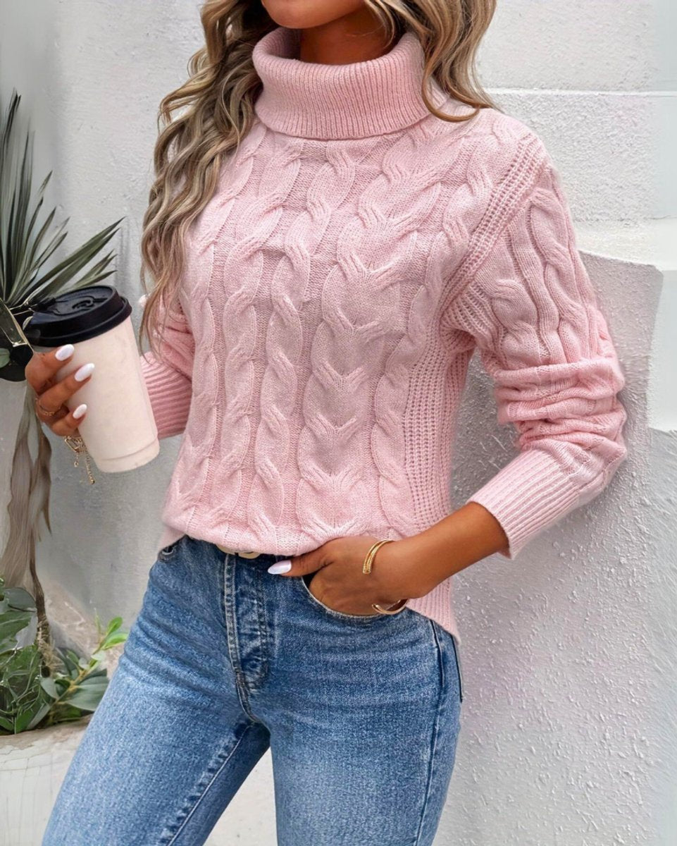Ruby | Women's Long Sleeve Cable Knit Turtleneck Jumper - Pink