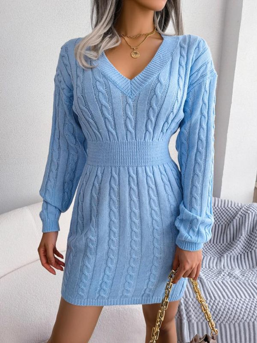 Crystal | Women's Long Sleeve Cable Knit V Neck Jumper - Blue
