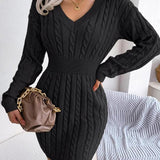 Crystal | Women's Long Sleeve Cable Knit V Neck Jumper - Black
