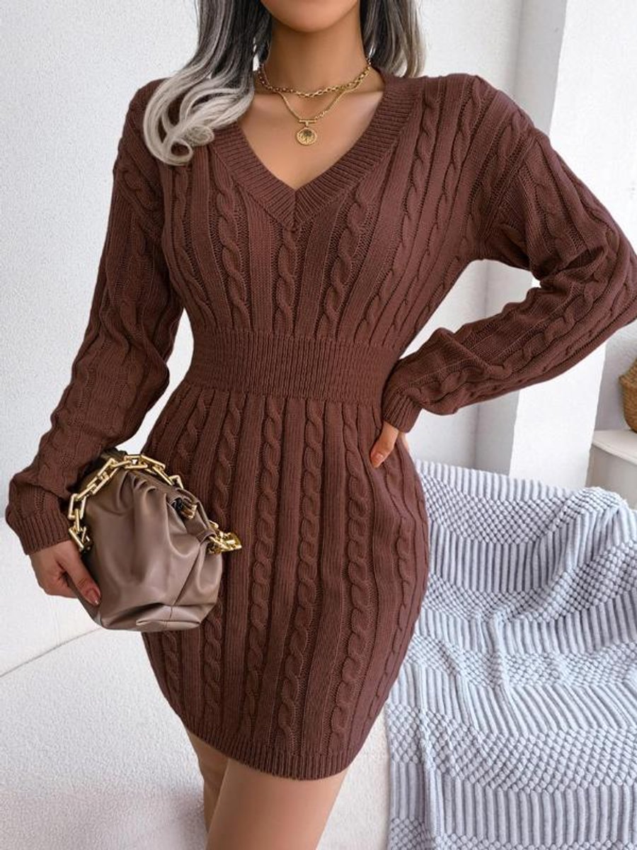 Crystal | Women's Long Sleeve Cable Knit V Neck Jumper - Coffee Brown