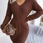 Crystal | Women's Long Sleeve Cable Knit V Neck Jumper - Coffee Brown