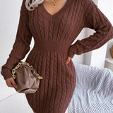Crystal | Women's Long Sleeve Cable Knit V Neck Jumper - Coffee Brown