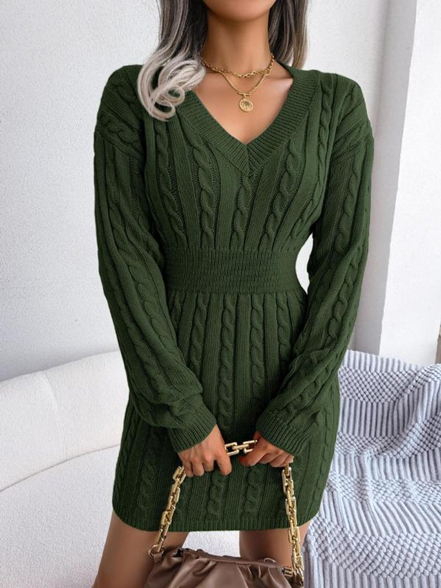 Crystal | Women's Long Sleeve Cable Knit V Neck Jumper - Army Green