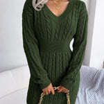 Crystal | Women's Long Sleeve Cable Knit V Neck Jumper - Army Green