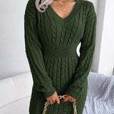 Crystal | Women's Long Sleeve Cable Knit V Neck Jumper - Army Green