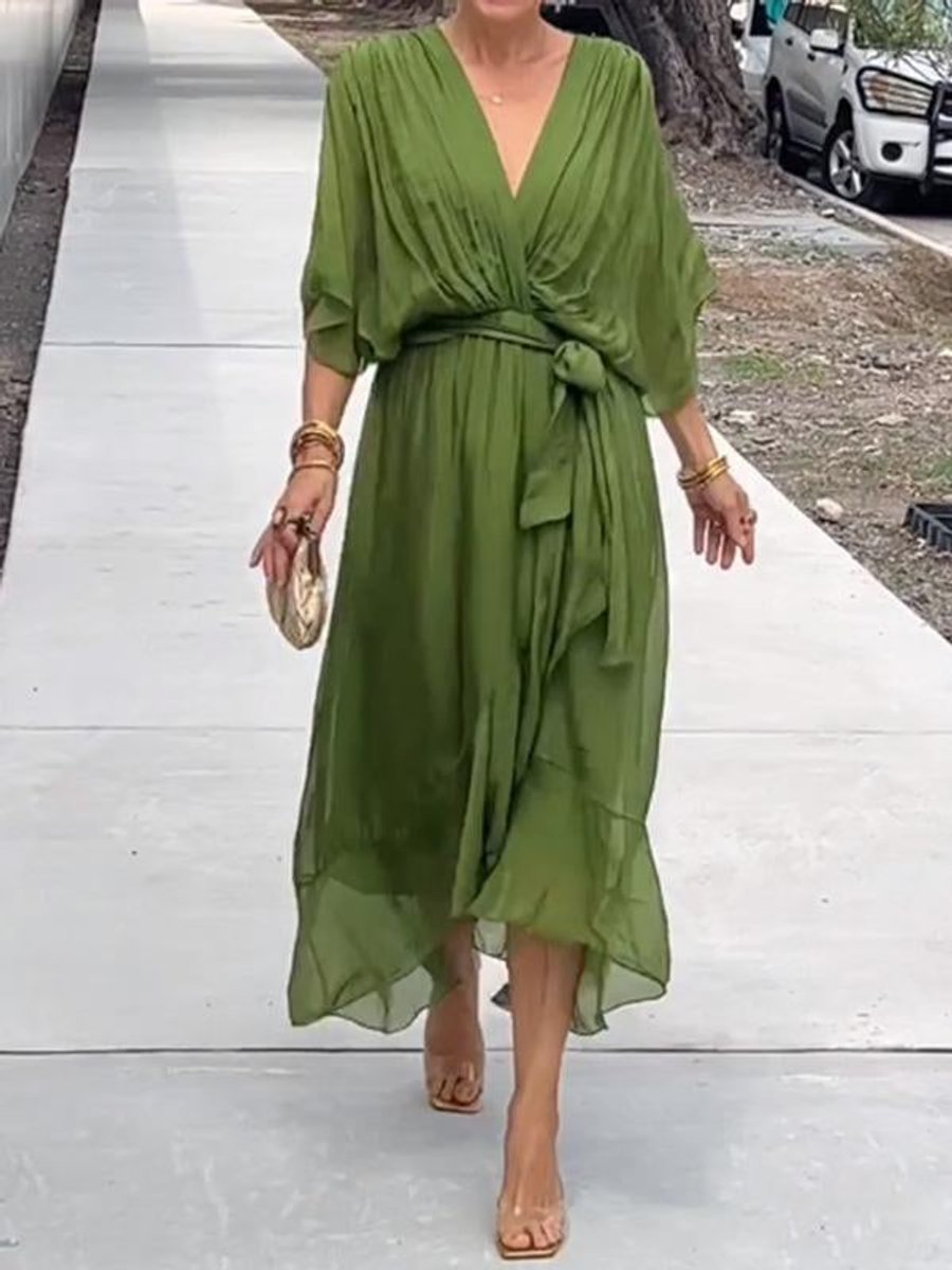 Elodie | Women's Belted Chiffon V Neck Cocktail Dress - Green