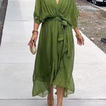 Elodie | Women's Belted Chiffon V Neck Cocktail Dress - Green