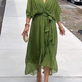 Elodie | Women's Belted Chiffon V Neck Cocktail Dress - Green