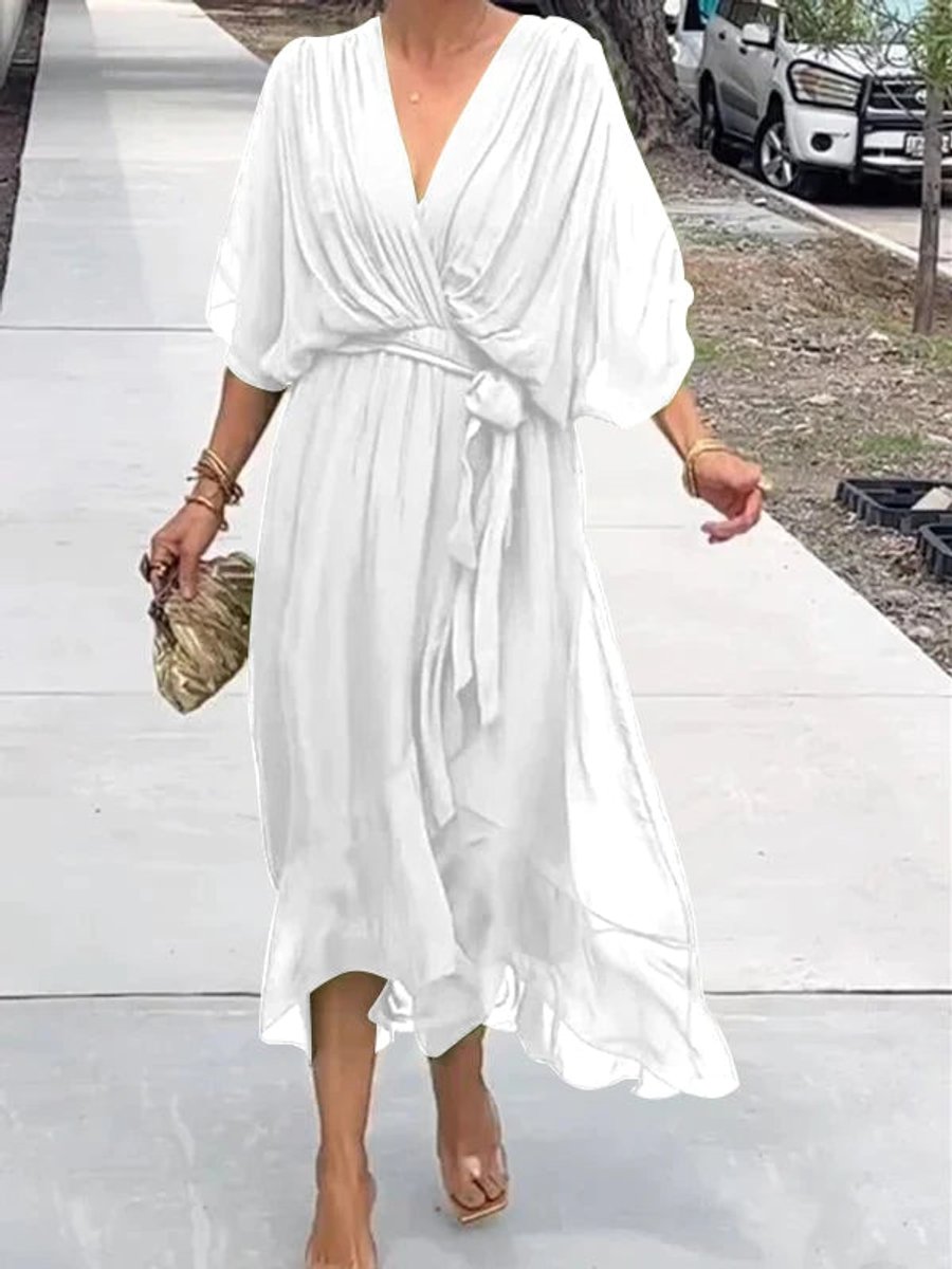 Elodie | Women's Belted Chiffon V Neck Cocktail Dress - White