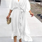 Elodie | Women's Belted Chiffon V Neck Cocktail Dress - White