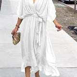 Elodie | Women's Belted Chiffon V Neck Cocktail Dress - White