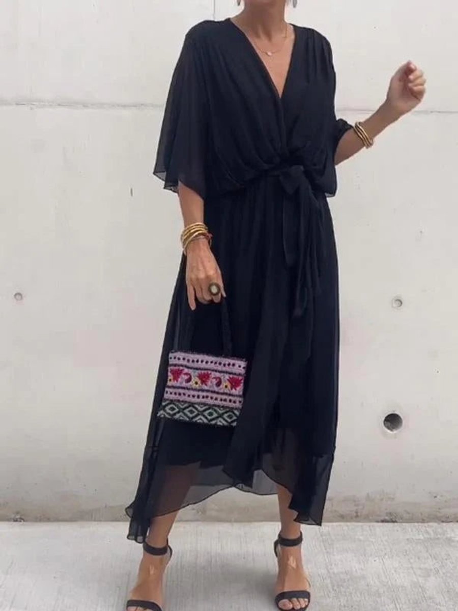 Elodie | Women's Belted Chiffon V Neck Cocktail Dress - Black
