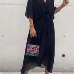 Elodie | Women's Belted Chiffon V Neck Cocktail Dress - Black