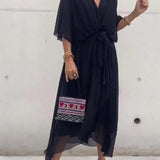 Elodie | Women's Belted Chiffon V Neck Cocktail Dress - Black