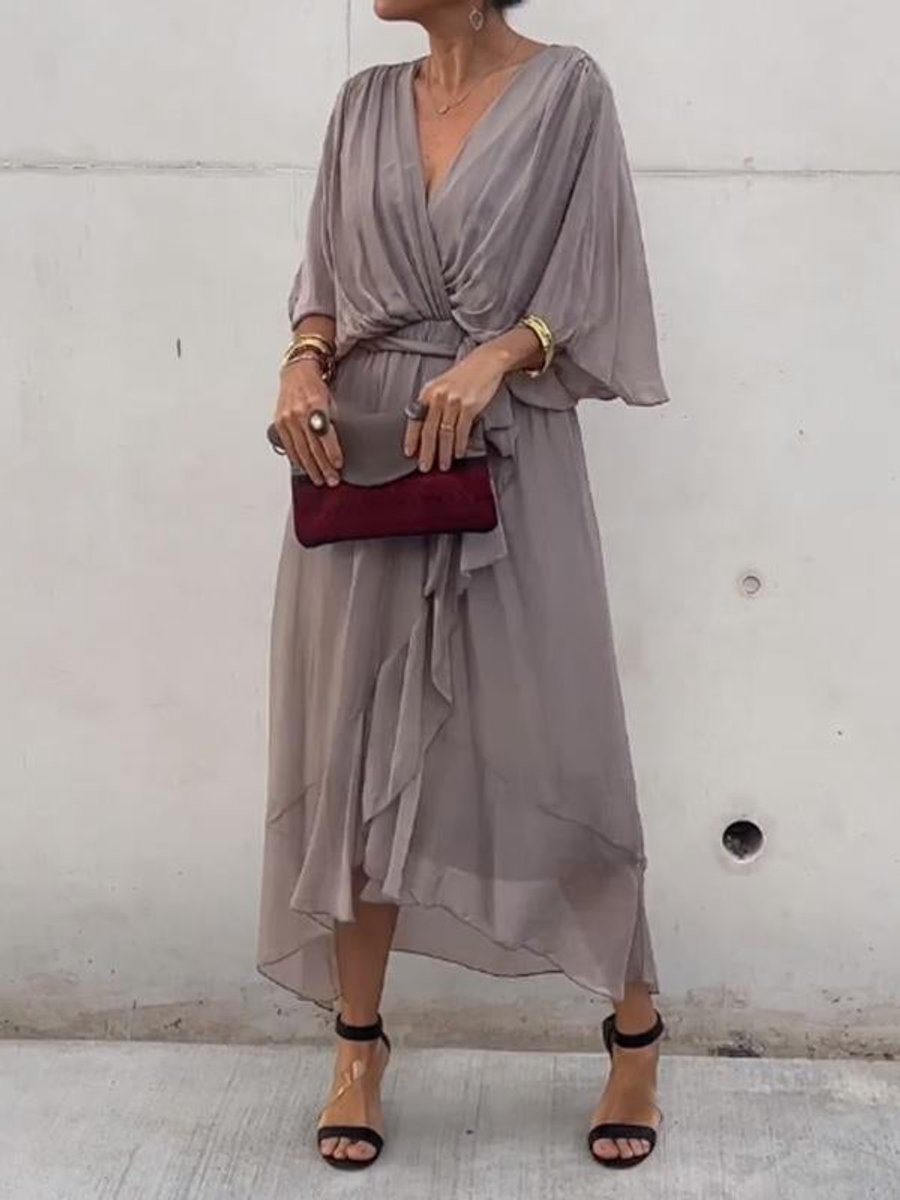 Elodie | Women's Belted Chiffon V Neck Cocktail Dress - Grey