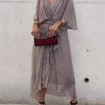 Elodie | Women's Belted Chiffon V Neck Cocktail Dress - Grey