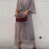 Elodie | Women's Belted Chiffon V Neck Cocktail Dress - Grey