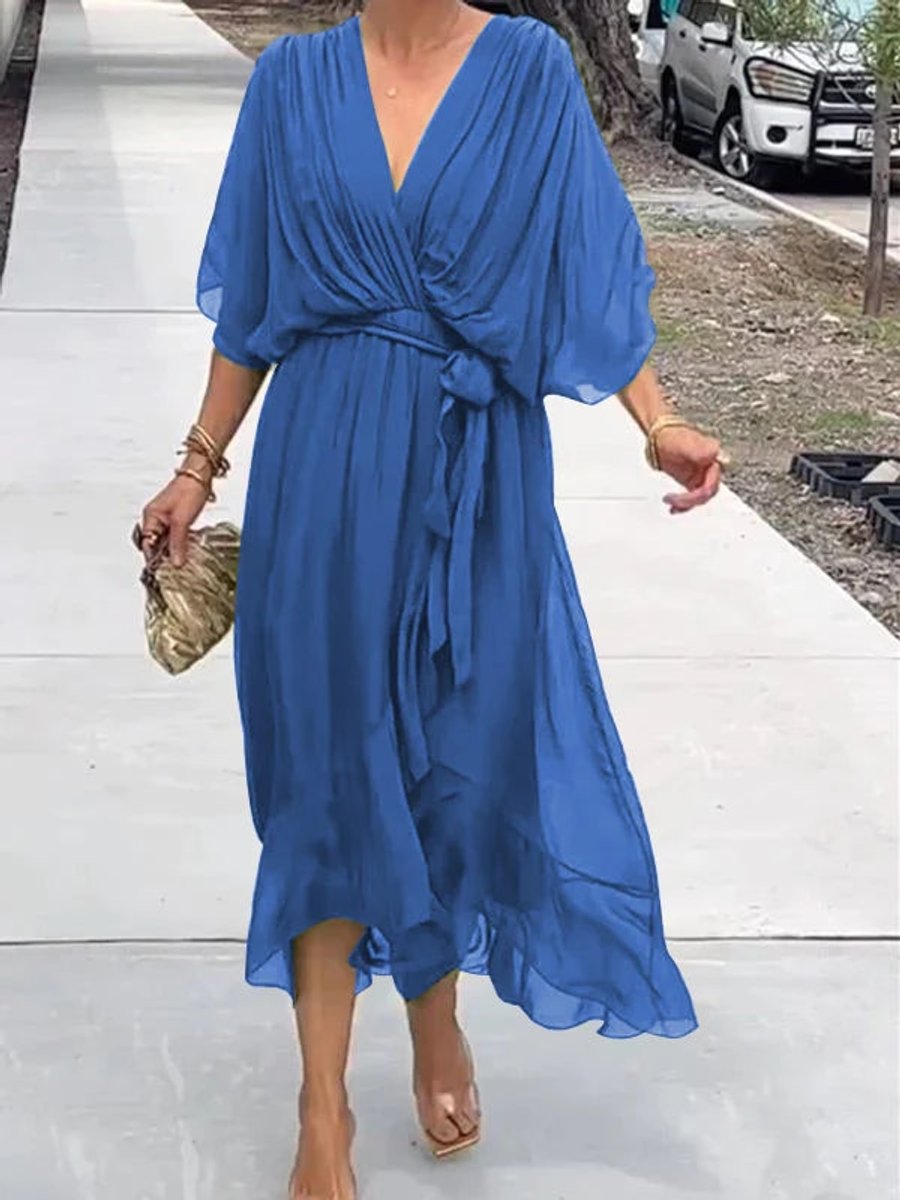 Elodie | Women's Belted Chiffon V Neck Cocktail Dress - Blue